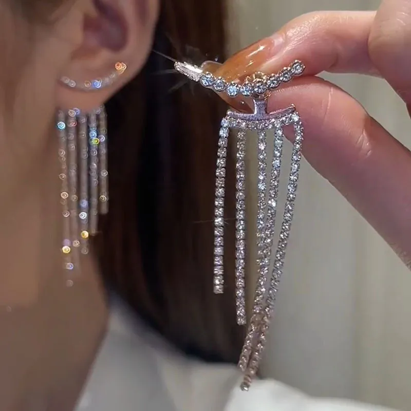 Women Fashion Party Rhinestone Long Tassel Earrings