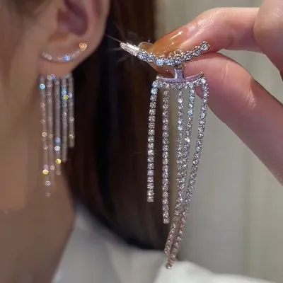 Women Fashion Party Rhinestone Long Tassel Earrings