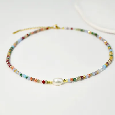 Women Fashion Multicolor Crystal Beaded Geometric Pearl Necklace