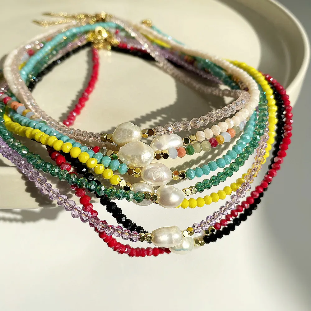Women Fashion Multicolor Crystal Beaded Geometric Pearl Necklace