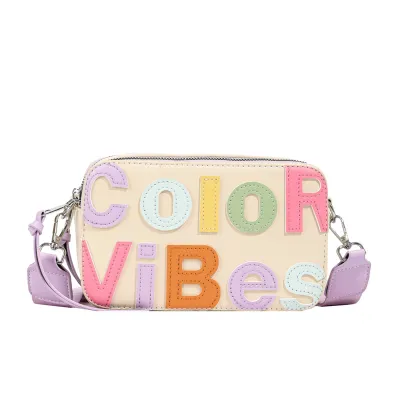 Women Street Fashion Square Wide Strap Colorful Letter Camera Bag