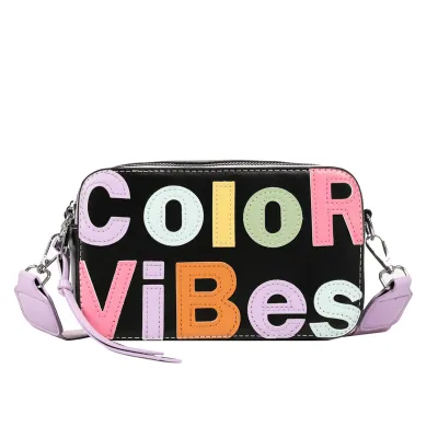 Women Street Fashion Square Wide Strap Colorful Letter Camera Bag