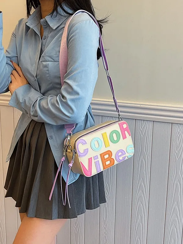 Women Street Fashion Square Wide Strap Colorful Letter Camera Bag