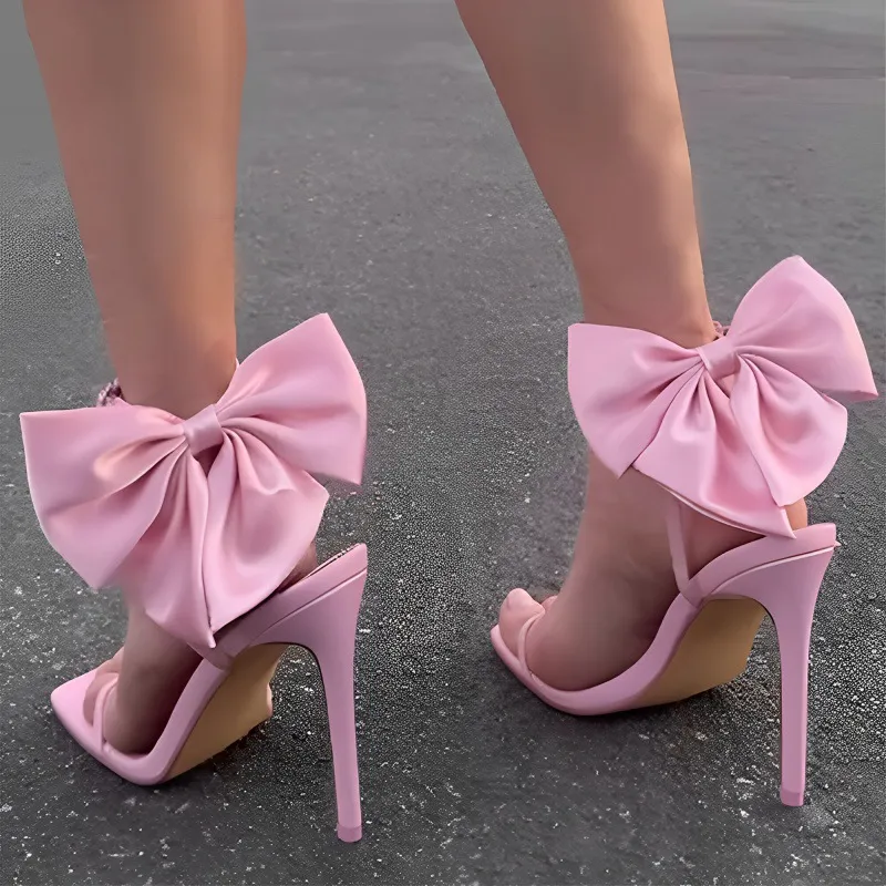 Plus Size Summer Sexy Women High Heeled Pink Bow Square Toe Ankle Strap Buckle Sandals
