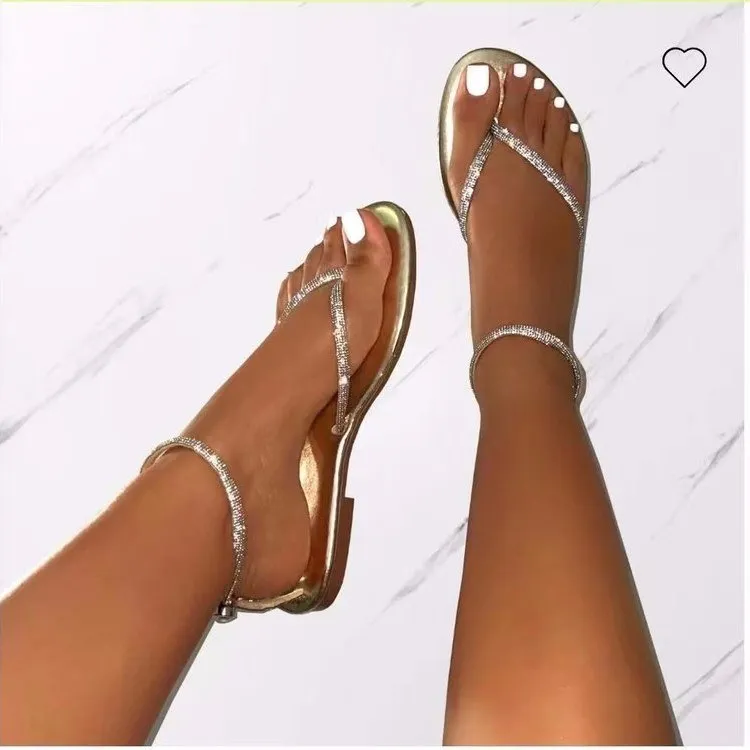 Plus Size Flat Rhinestone Sandals for Women Summer Beach