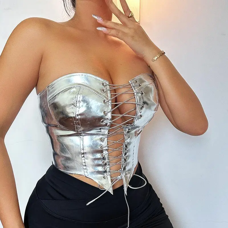 Women Sexy Lace-Up Edgy Eyelet Tube Top