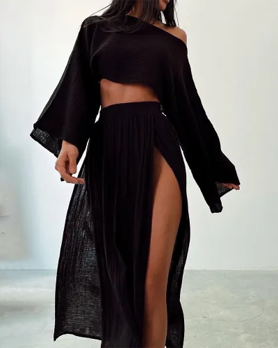Summer Women Casual Solid Color Long Sleeve Crop Top Split Cotton Linen Skirt Two-Piece Set