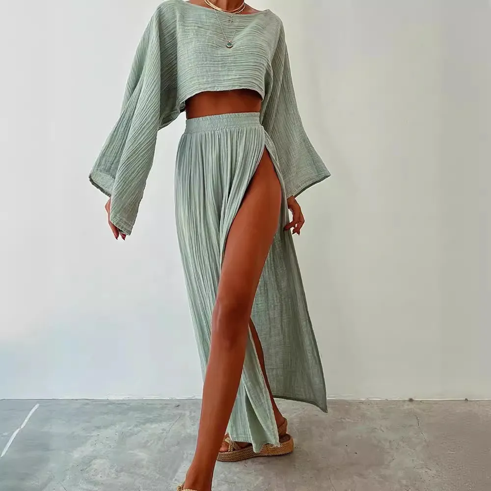 Summer Women Casual Solid Color Long Sleeve Crop Top Split Cotton Linen Skirt Two-Piece Set