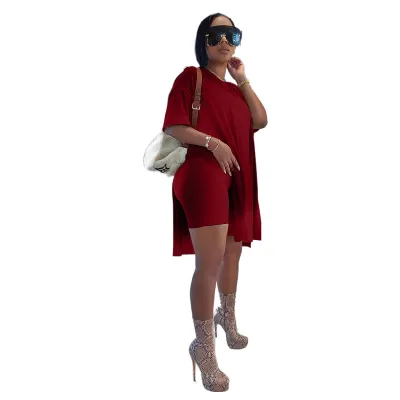Summer Women Fashion Casual Solid Color Short Sleeve Top Tight Bermuda Shorts Two-Piece Set