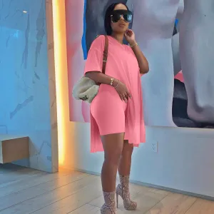 Summer Women Fashion Casual Solid Color Short Sleeve Top Tight Bermuda Shorts Two-Piece Set