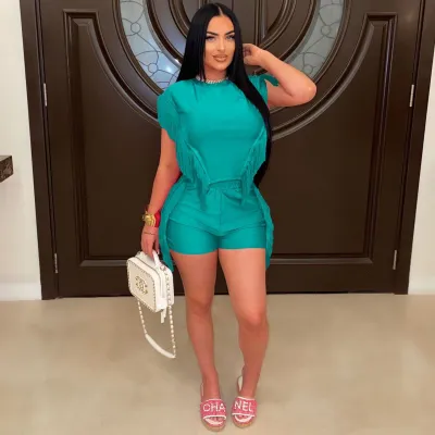 Summer Women Fashion Solid Color Round Neck Tassel Short Sleeve Top Shorts Two-Piece Set