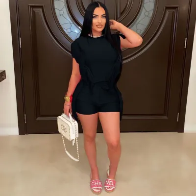 Summer Women Fashion Solid Color Round Neck Tassel Short Sleeve Top Shorts Two-Piece Set