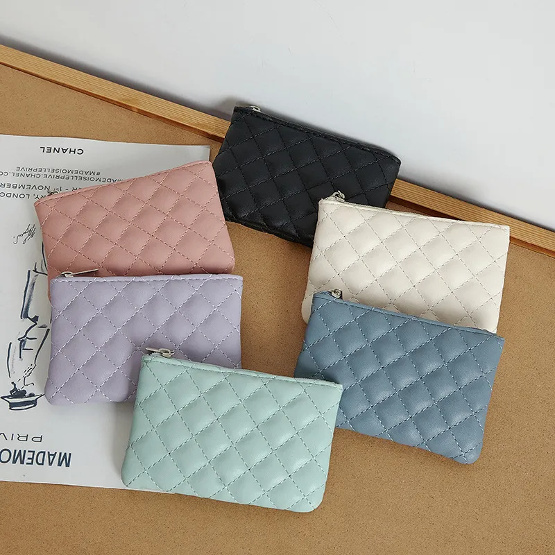 Women Fashion Rhombic PU Square Zipper Wallet Fresh Sweet Solid Color