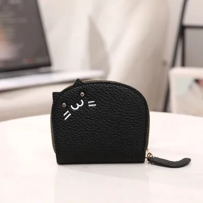Women Cartoon Litchi Pattern Cat Zipper PU Bifold Wallet