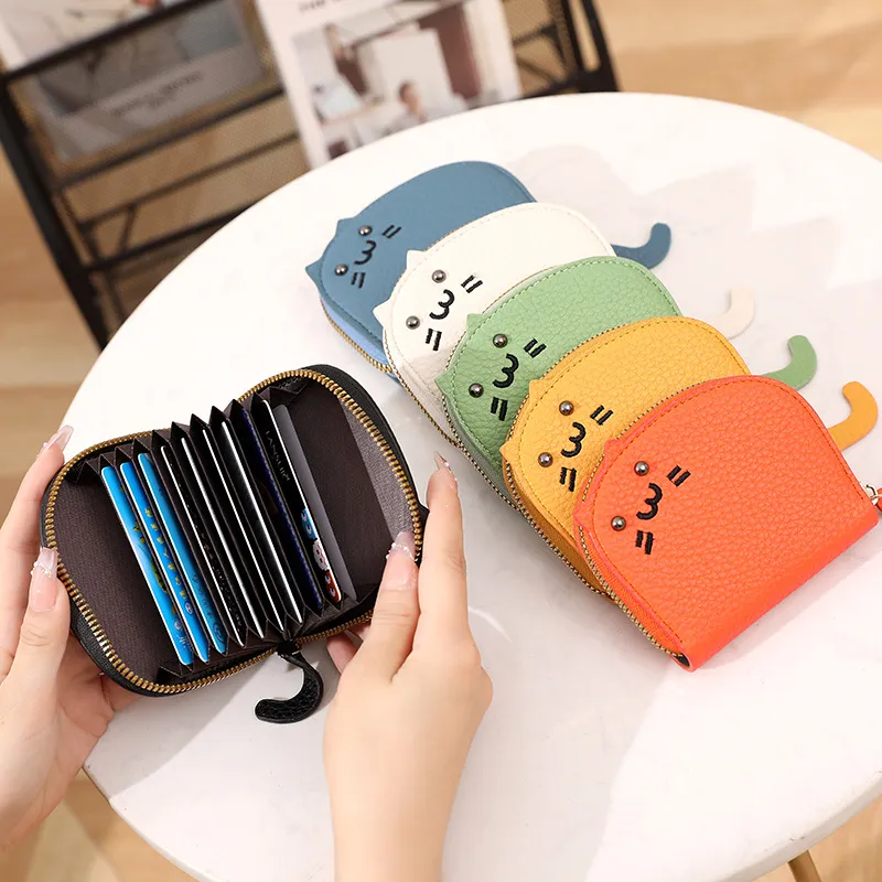 Women Cartoon Litchi Pattern Cat Zipper PU Bifold Wallet