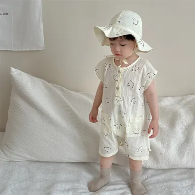 Kids Baby Boys Girls Casual Smiley Print Short Sleeve Cotton Romper Pullover