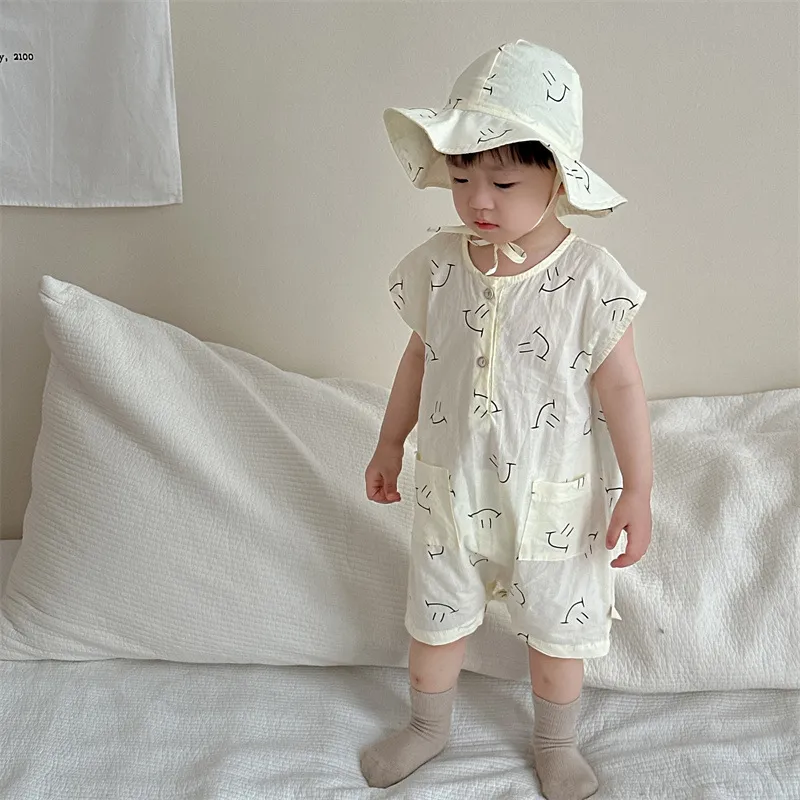 Kids Baby Boys Girls Casual Smiley Print Short Sleeve Cotton Romper Pullover