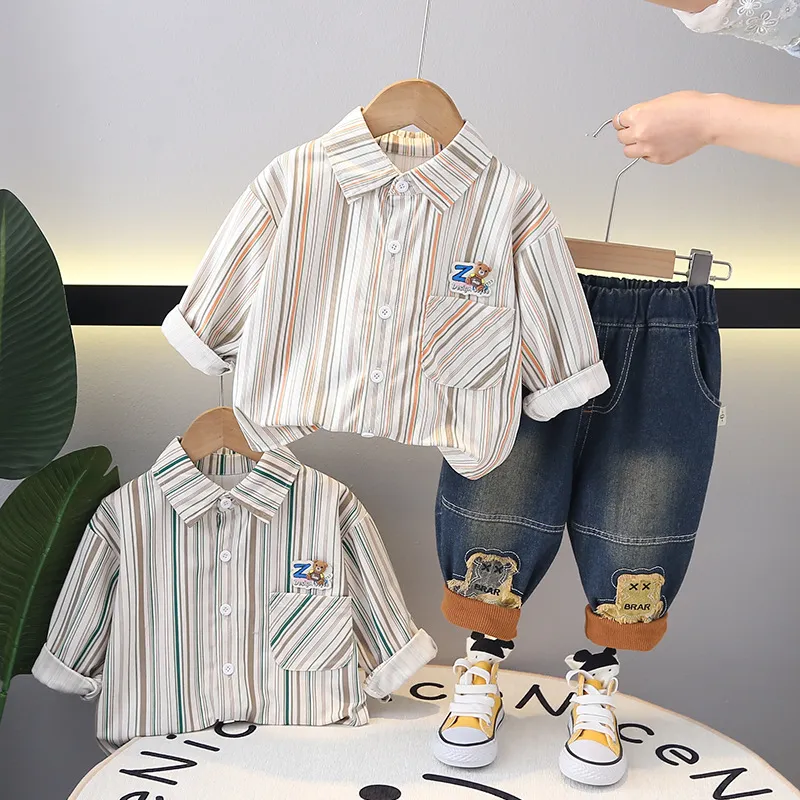 Kids Toddler Boys Spring Autumn Casual Cute Stripe Print Long Sleeve Lapel Shirt Jeans Set
