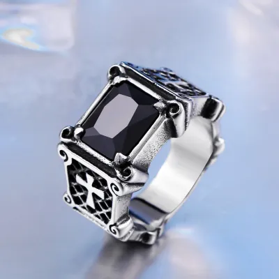 Men Fashion Casual Vintage Punk Cross Blackstone Ring