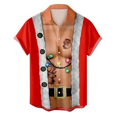 Men Cartoon Santa Christmas Tree 3D Print Short Sleeve Shirt
