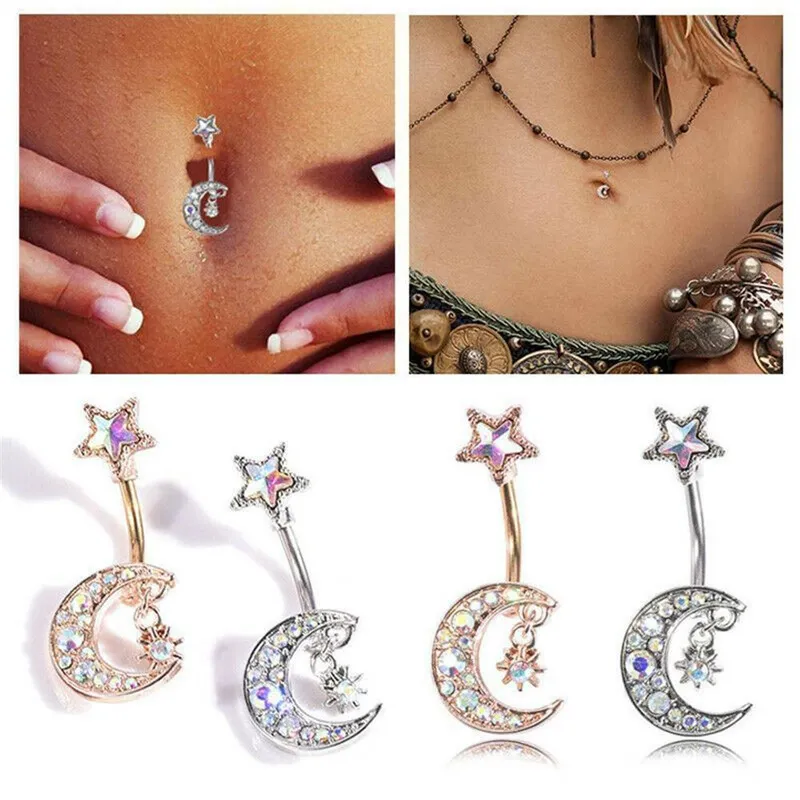 Women Fashion Moon Star Diamond Navel Ring Stainless Steel Body Piercing Jewelry