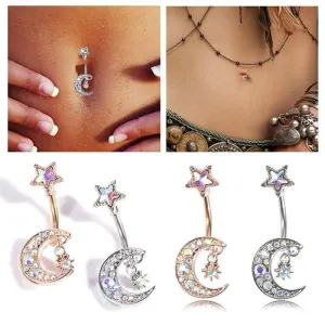 Women Fashion Moon Star Diamond Navel Ring Stainless Steel Body Piercing Jewelry