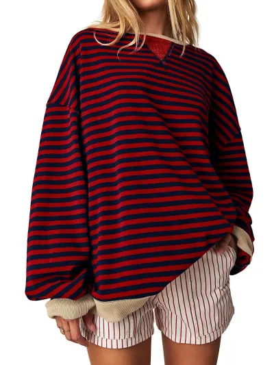 Women's Simple Stripe Crewneck Long Sleeve Pullover Sweatshirt