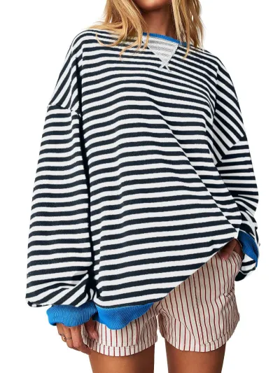 Women's Simple Stripe Crewneck Long Sleeve Pullover Sweatshirt