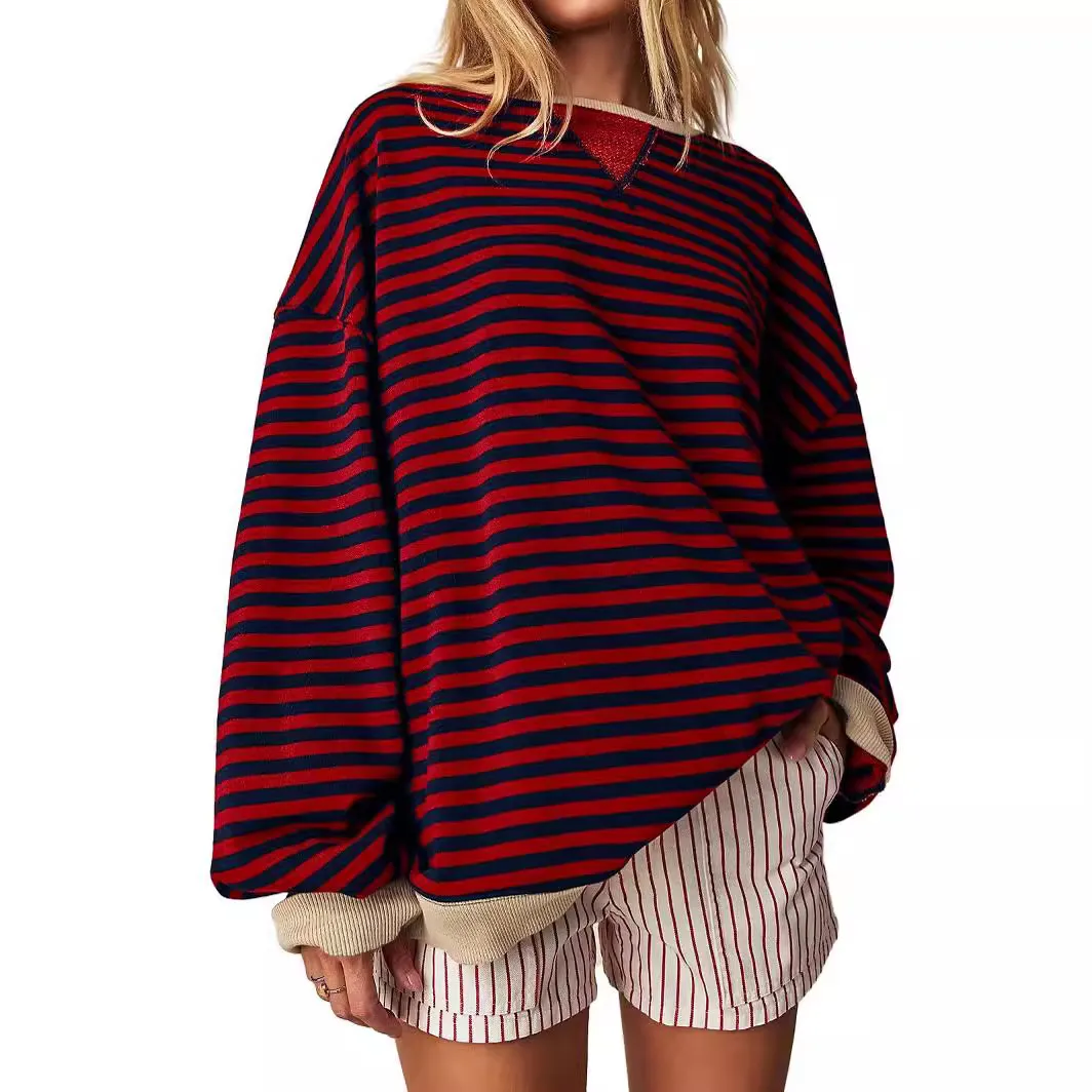 Women's Simple Stripe Crewneck Long Sleeve Pullover Sweatshirt