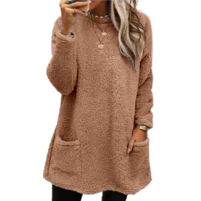 Women's Plush Pullover Sweatshirt with Pockets, Solid Color, Long Sleeve, Loose Fit