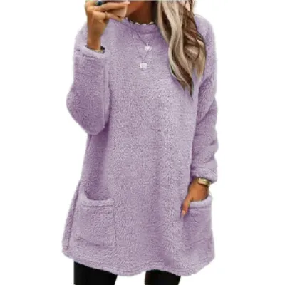 Women's Plush Pullover Sweatshirt with Pockets, Solid Color, Long Sleeve, Loose Fit