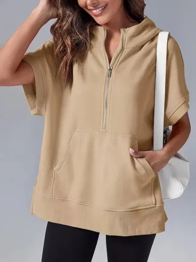 Summer Women Casual Solid Color Half Zipper Lapel Short Sleeve Hooded Pullover Sweater