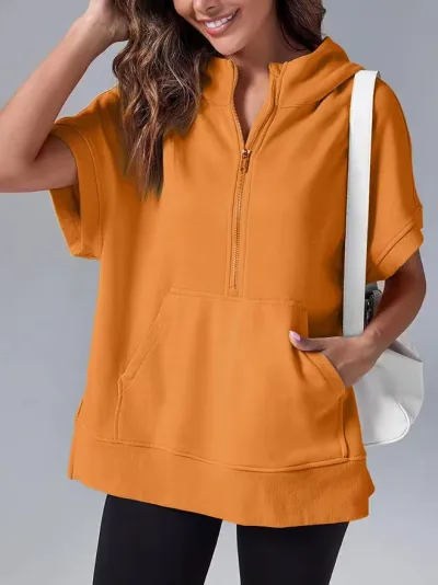 Summer Women Casual Solid Color Half Zipper Lapel Short Sleeve Hooded Pullover Sweater