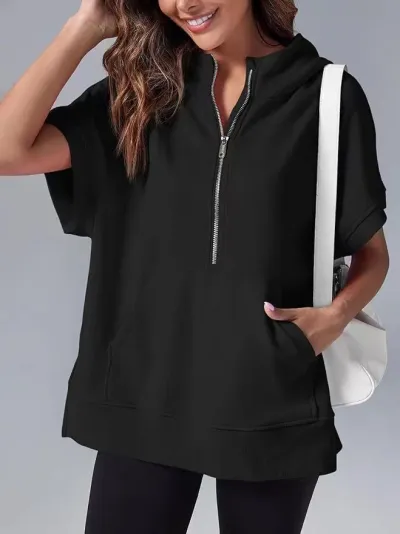Summer Women Casual Solid Color Half Zipper Lapel Short Sleeve Hooded Pullover Sweater