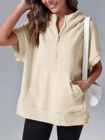 Summer Women Casual Solid Color Half Zipper Lapel Short Sleeve Hooded Pullover Sweater