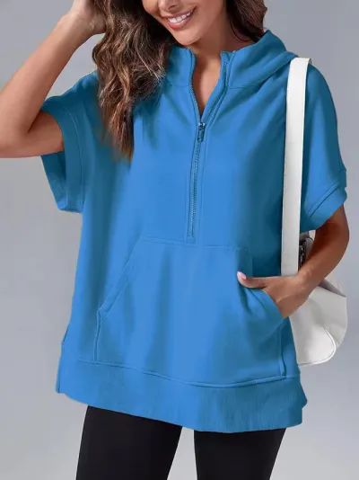Summer Women Casual Solid Color Half Zipper Lapel Short Sleeve Hooded Pullover Sweater