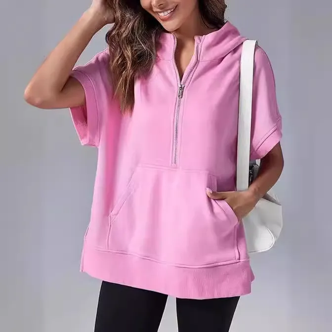 Summer Women Casual Solid Color Half Zipper Lapel Short Sleeve Hooded Pullover Sweater
