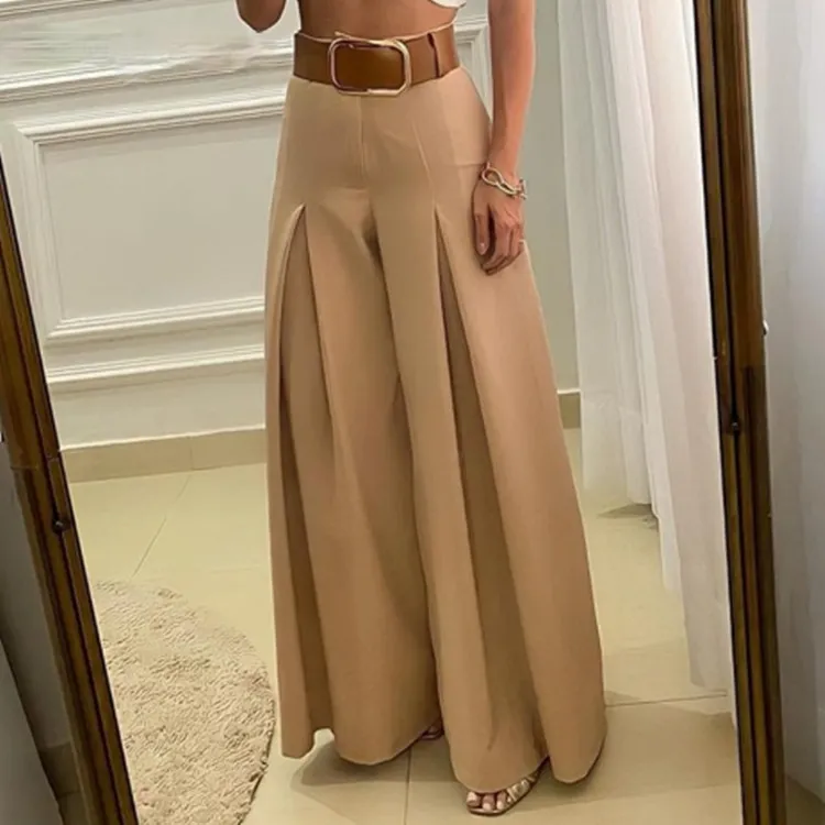 Women Fashion Retro Solid Color High Waist Pleated Wide Leg Culottes Pants