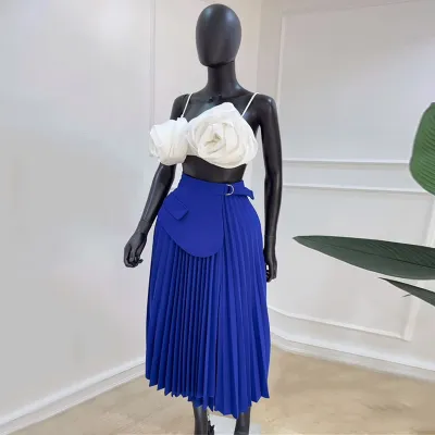 Summer Women High Waist A-Line Pleated Midi Skirt