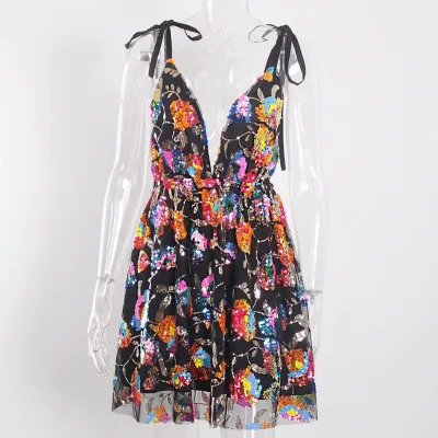 Women Fashion Sexy Deep V Backless Sequin Tiny Flower Lace-Up Dress