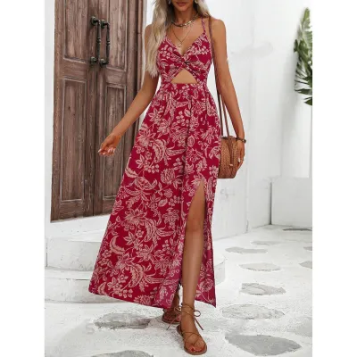Summer Women Elegant Halter Neck Backless Graphic Printed Split Maxi Dress