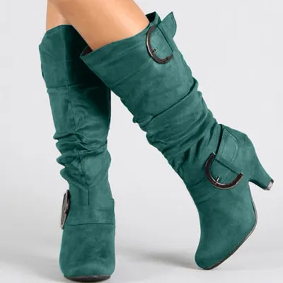Women Casual Plus Size Frosted Velvet Side Zipper Belt Buckle Detail High Boots