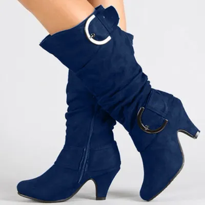 Women Casual Plus Size Frosted Velvet Side Zipper Belt Buckle Detail High Boots