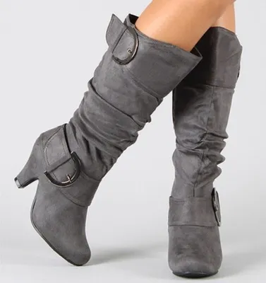 Women Casual Plus Size Frosted Velvet Side Zipper Belt Buckle Detail High Boots