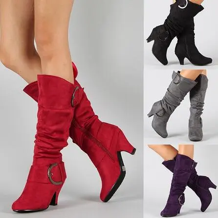 Women Casual Plus Size Frosted Velvet Side Zipper Belt Buckle Detail High Boots