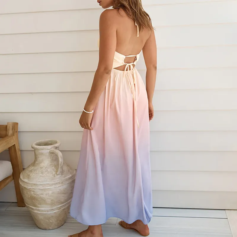 Summer Women Sexy Gradient V-Neck Halter Backless Maxi Dress