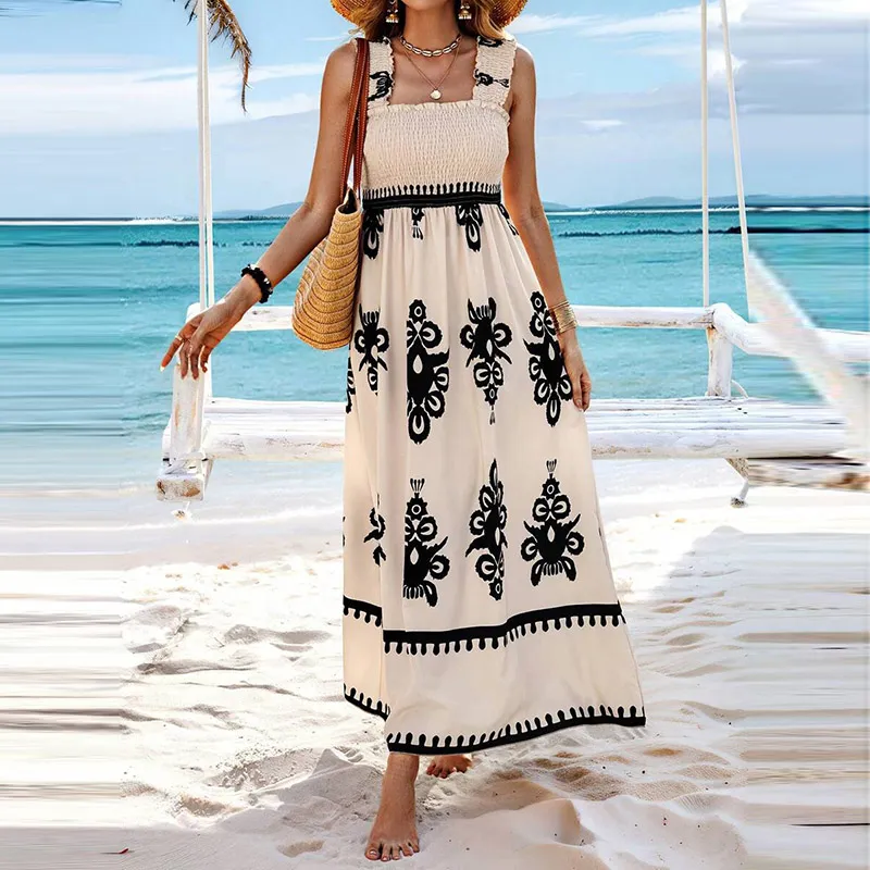 Summer Women Casual Sleeveless Boat Neck Floral Print Maxi Dress