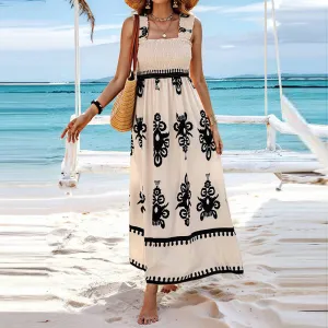 Summer Women Casual Sleeveless Boat Neck Floral Print Maxi Dress