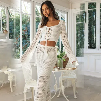 Summer Women Knitted Hollow Bikini Cover-Up Long Dress Long Sleeve High Waist Street Hipster Solid Color Pullover