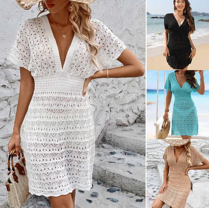 Summer Women Knitted Hollow Bikini Cover-Up Beach Vacation Sun Protection Solid Color